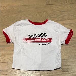 Windsor White Crop Top with Red Trim and Racing Graphic